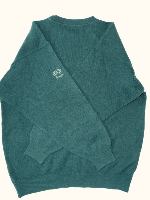 Teal sweater with a small logo on the chest against a white background