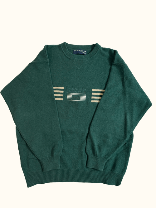 Green sweater with a logo on a white background