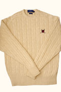 Beige sweater with a brand logo on a white background