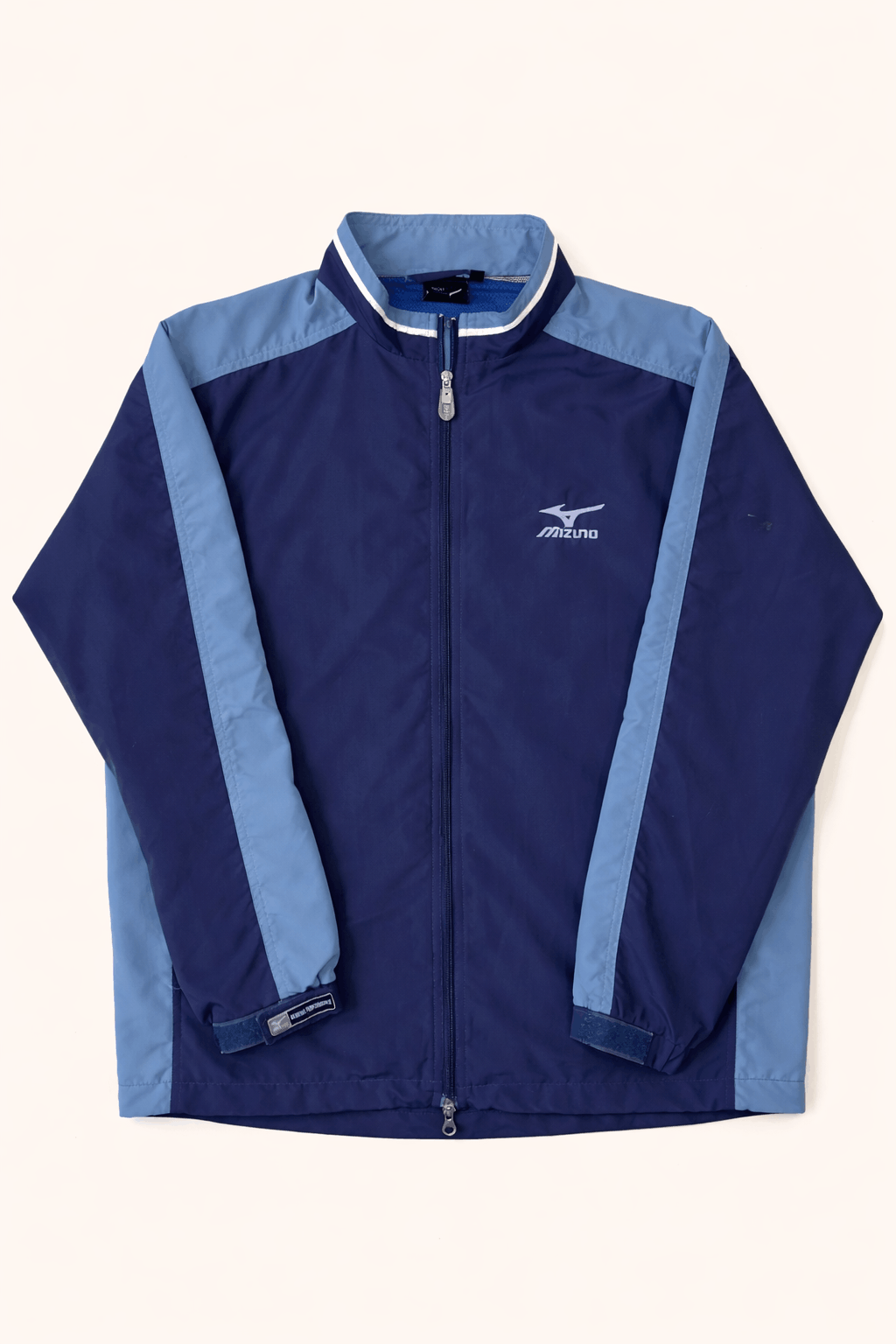 Blue jacket with white zipper and Mizuno