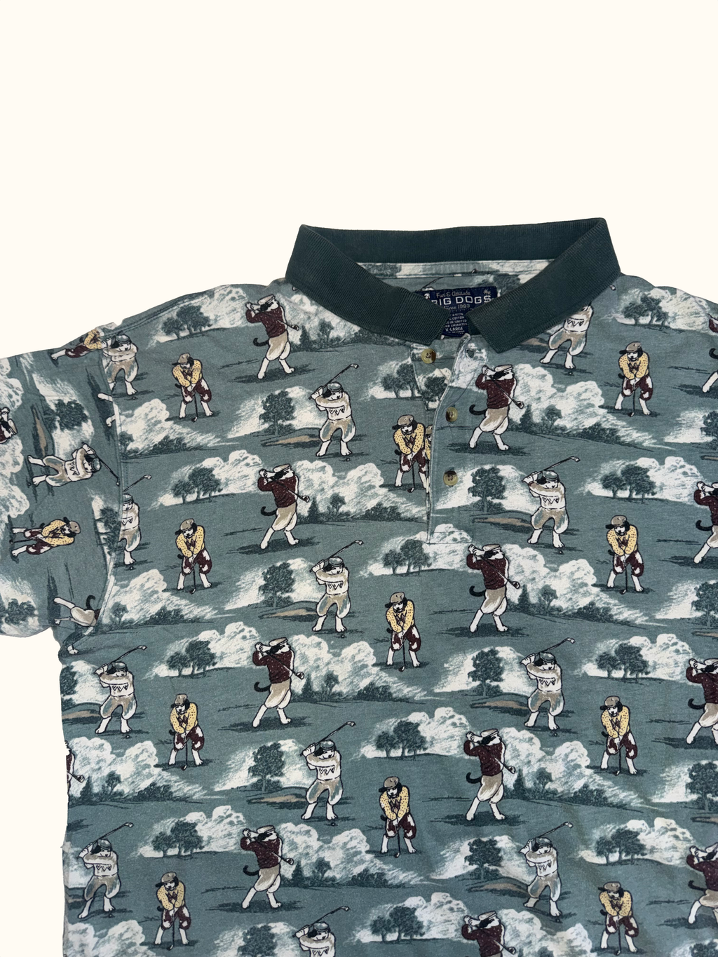 Vintage Big Dogs All-Over Golfer Print Polo – Green Patterned Golf Shirt (XL)