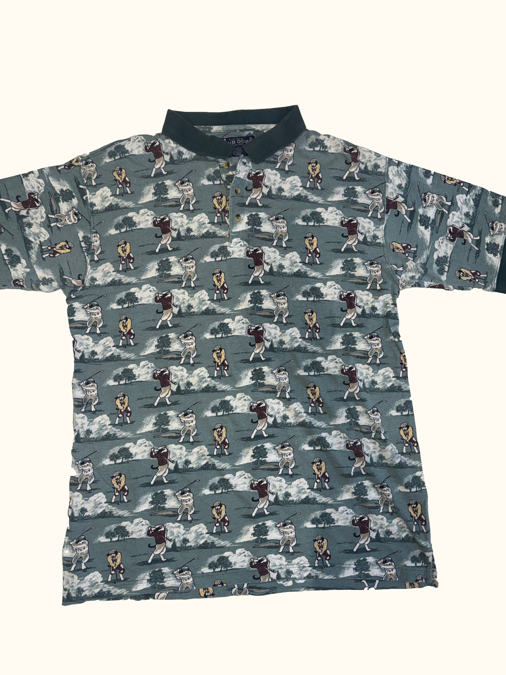 Vintage Big Dogs All-Over Golfer Print Polo – Green Patterned Golf Shirt (XL)