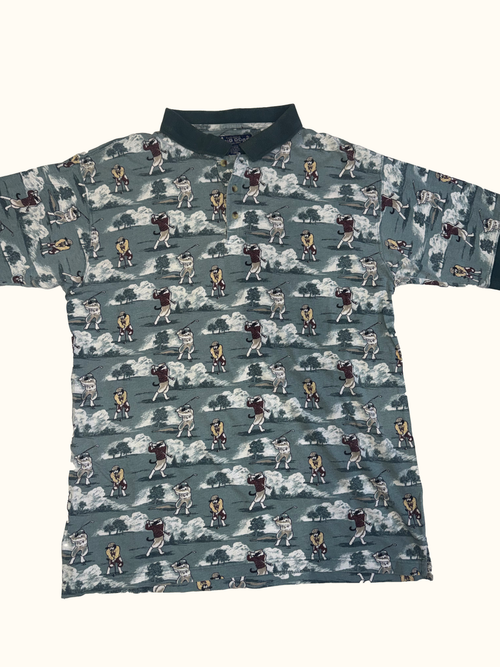Vintage Big Dogs All-Over Golfer Print Polo – Green Patterned Golf Shirt (XL)